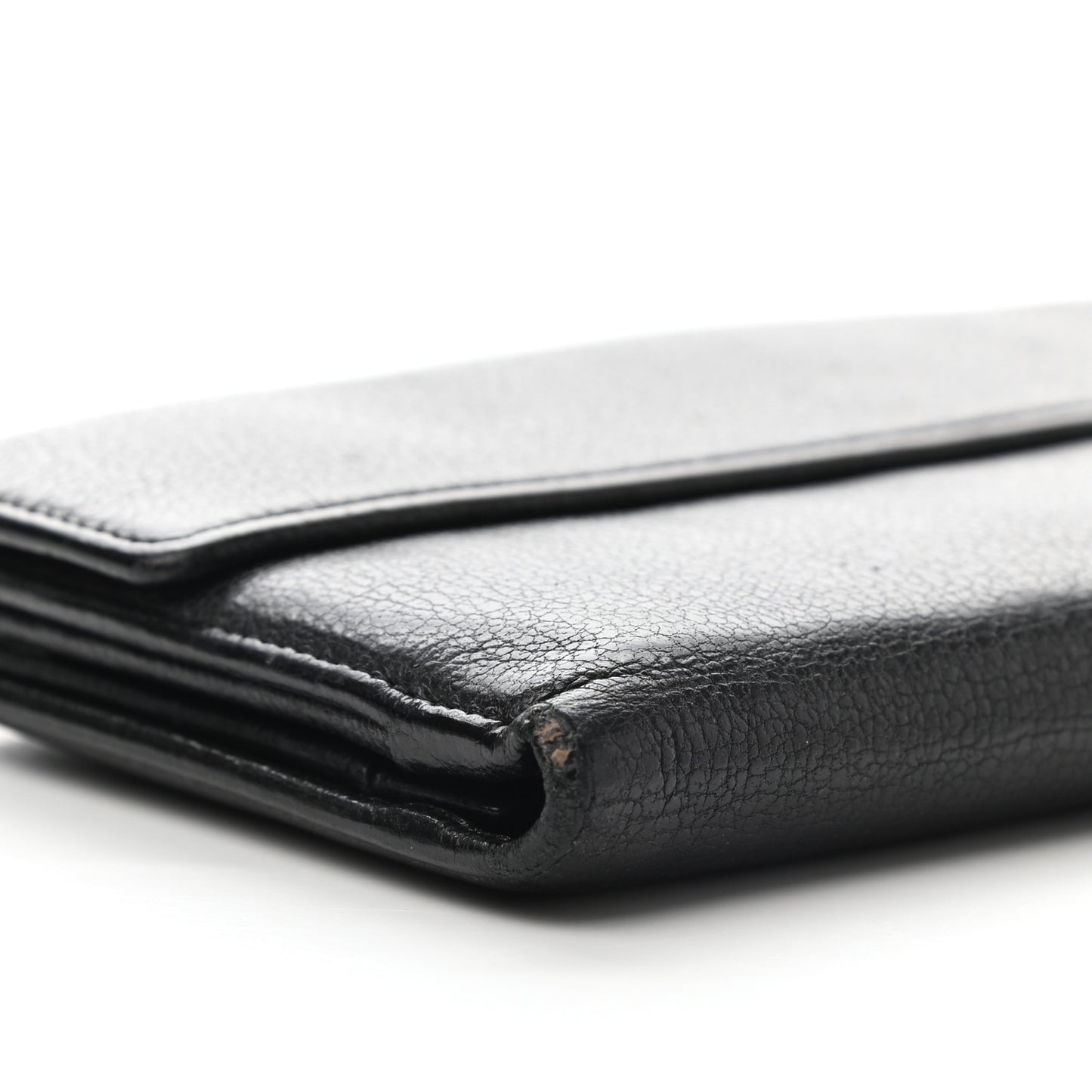 Goatskin Camellia Embossed Flap Wallet Black