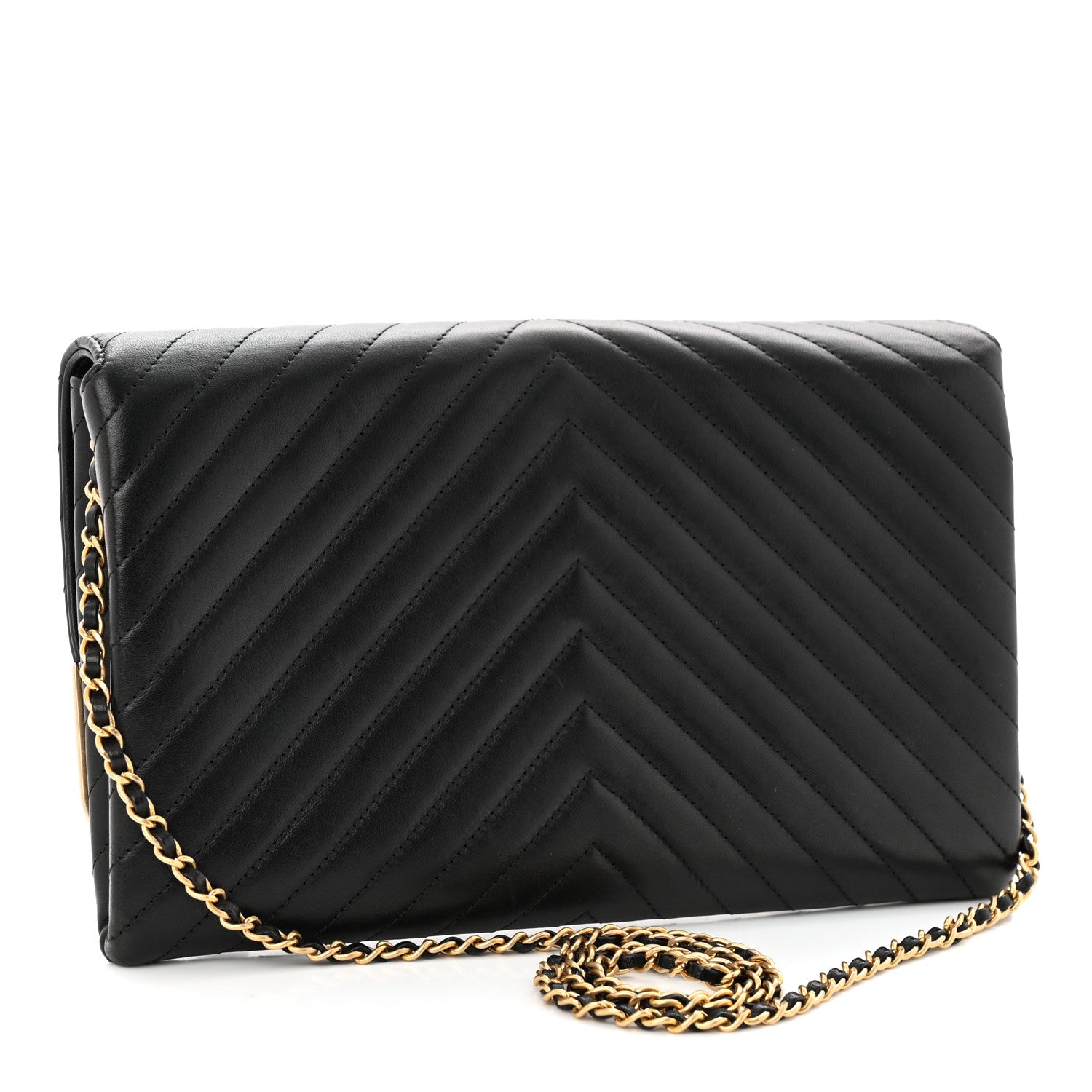 Chanel Calfskin Chevron Quilted Rock The Corner Clutch With Chain Black 2 of 13