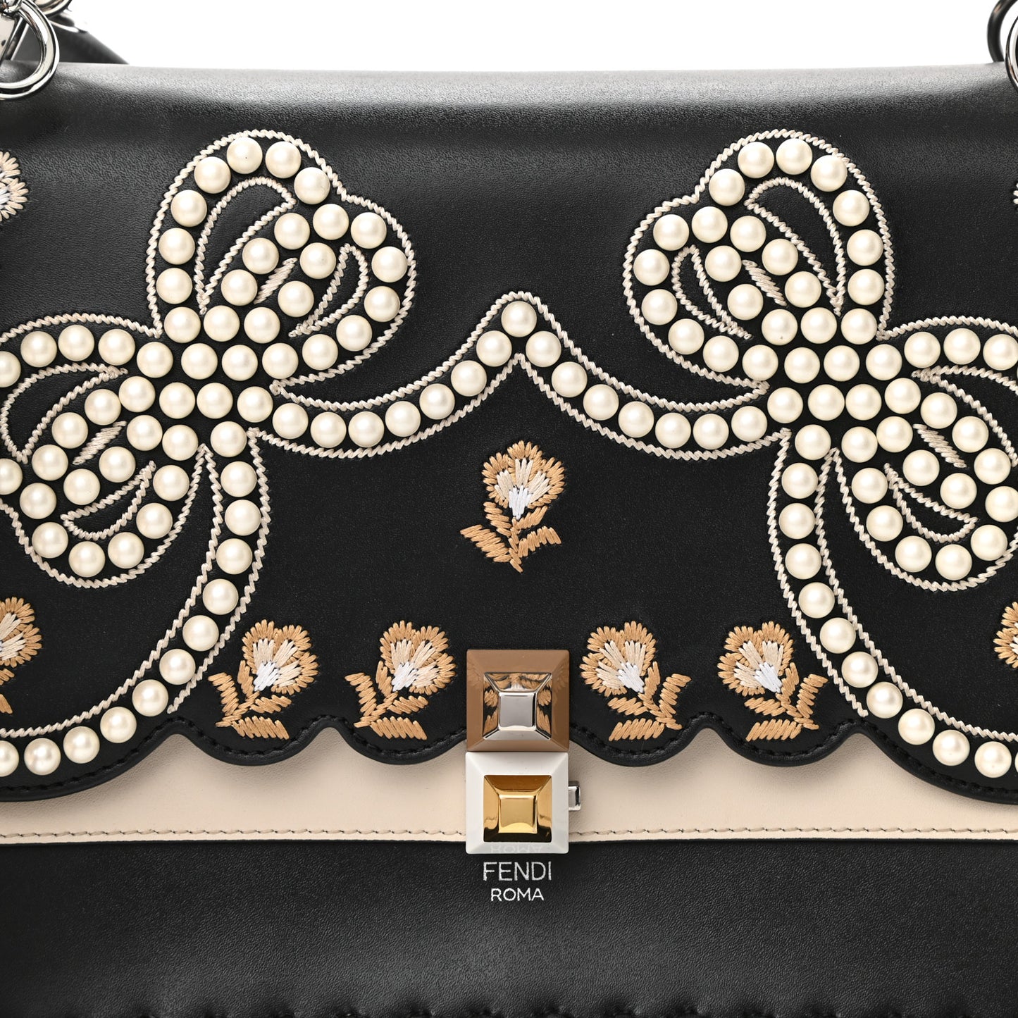 Vitello Liberty Pearl Bi-Color Flowers and Bows Scalloped Studded Kan I Shoulder Bag Black Camelia