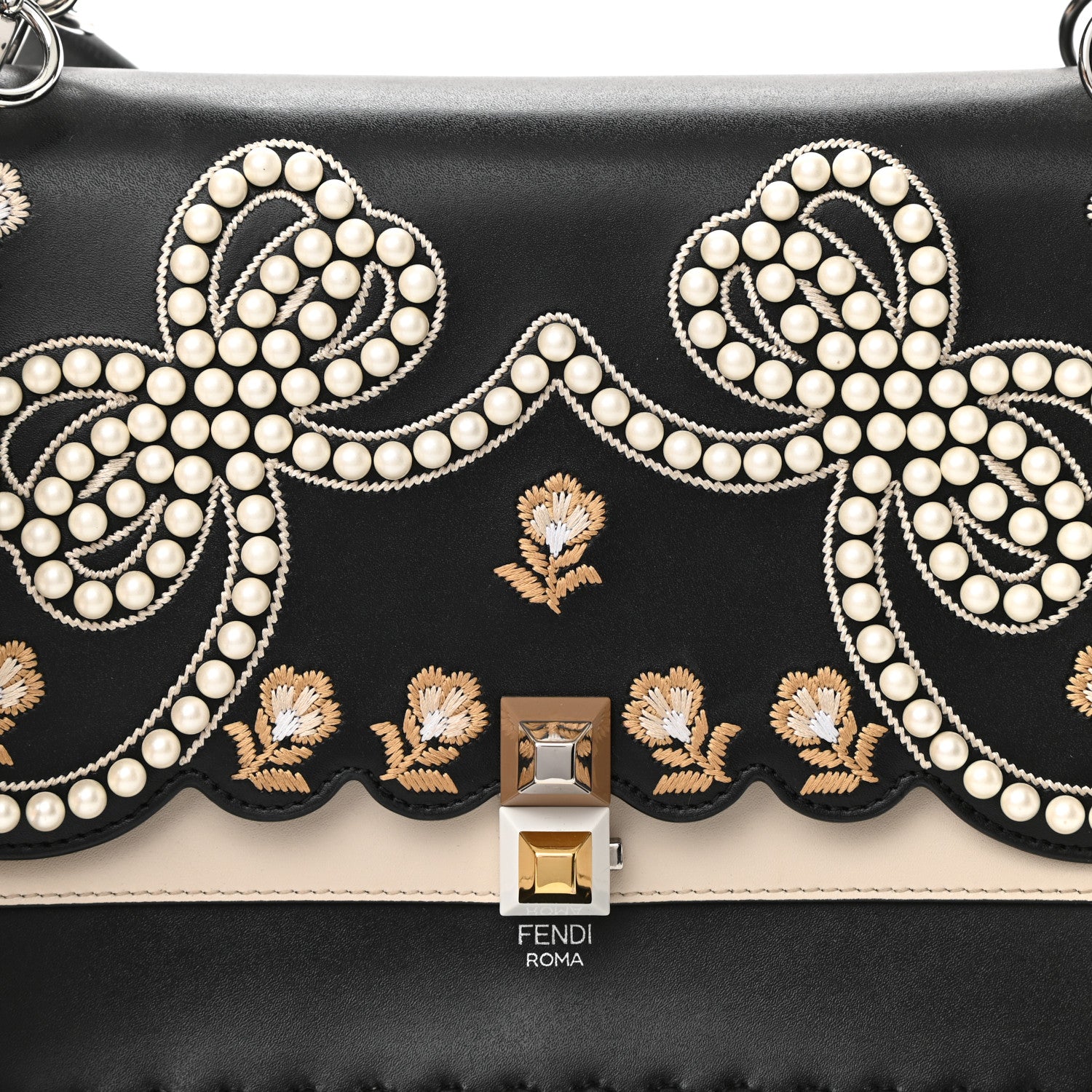 Fendi Vitello Liberty Pearl Bi-Color Flowers and Bows Scalloped Studded Kan I Shoulder Bag Black Camelia 8 of 10