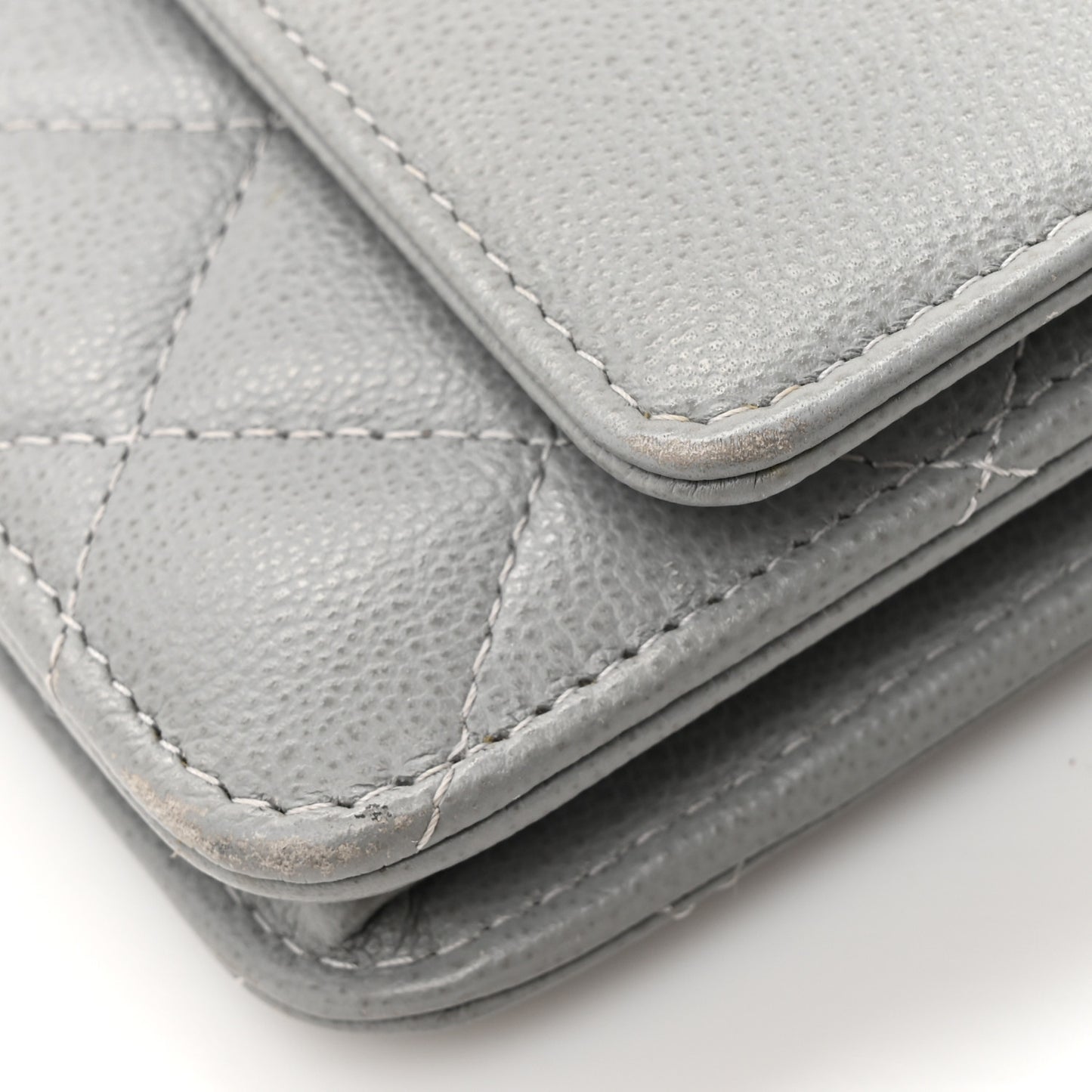 Grained Calfskin Quilted CC Box Wallet On Chain WOC Grey