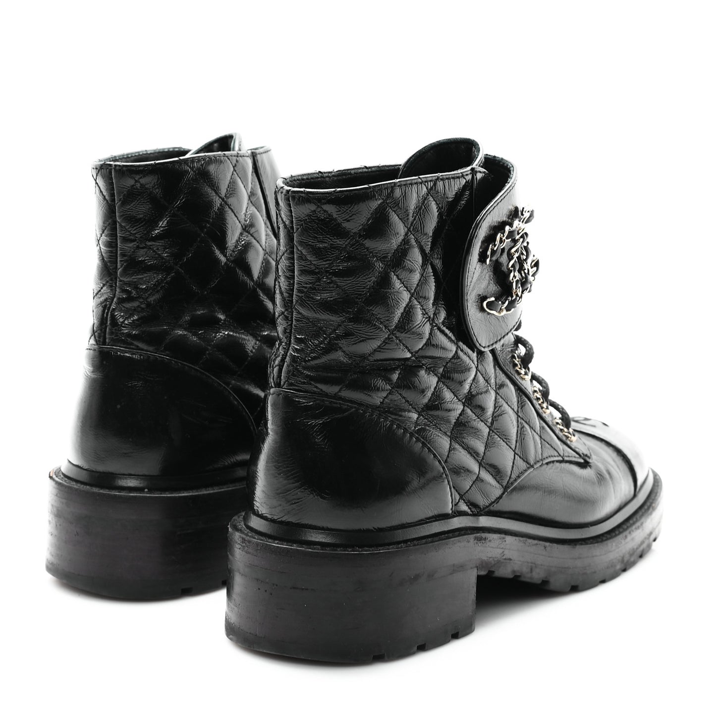 Shiny Goatskin Calfskin Quilted Lace Up Combat Boots 39 Black