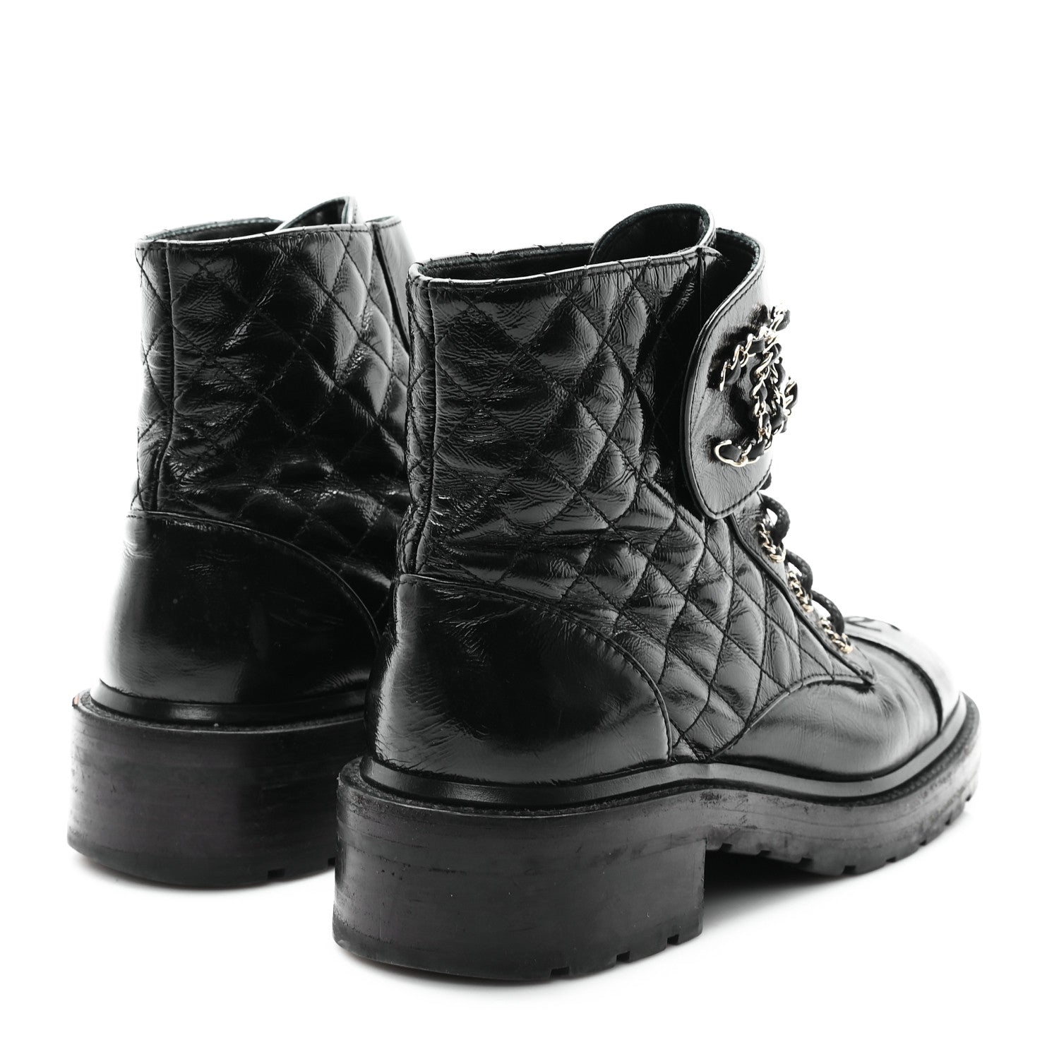 Chanel Shiny Goatskin Calfskin Quilted Lace Up Combat Boots 39 Black 5 of 10