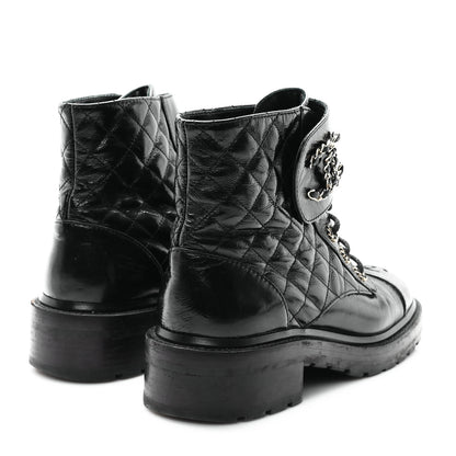 Chanel Shiny Goatskin Calfskin Quilted Lace Up Combat Boots 39 Black 5 of 10