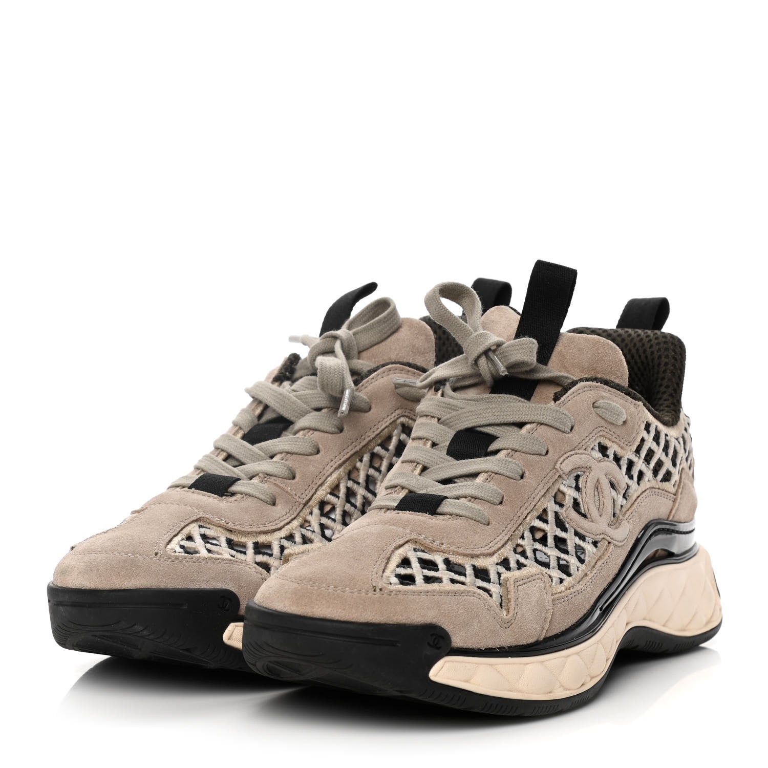 Chanel Suede Calfskin Embroidered CC Sneakers 39 Beige Black 2 of 11