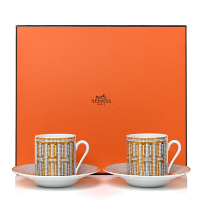 Hermes Porcelain Mosaique Au 24 Gold Coffee Cup and Saucer Set of 2 8 of 8