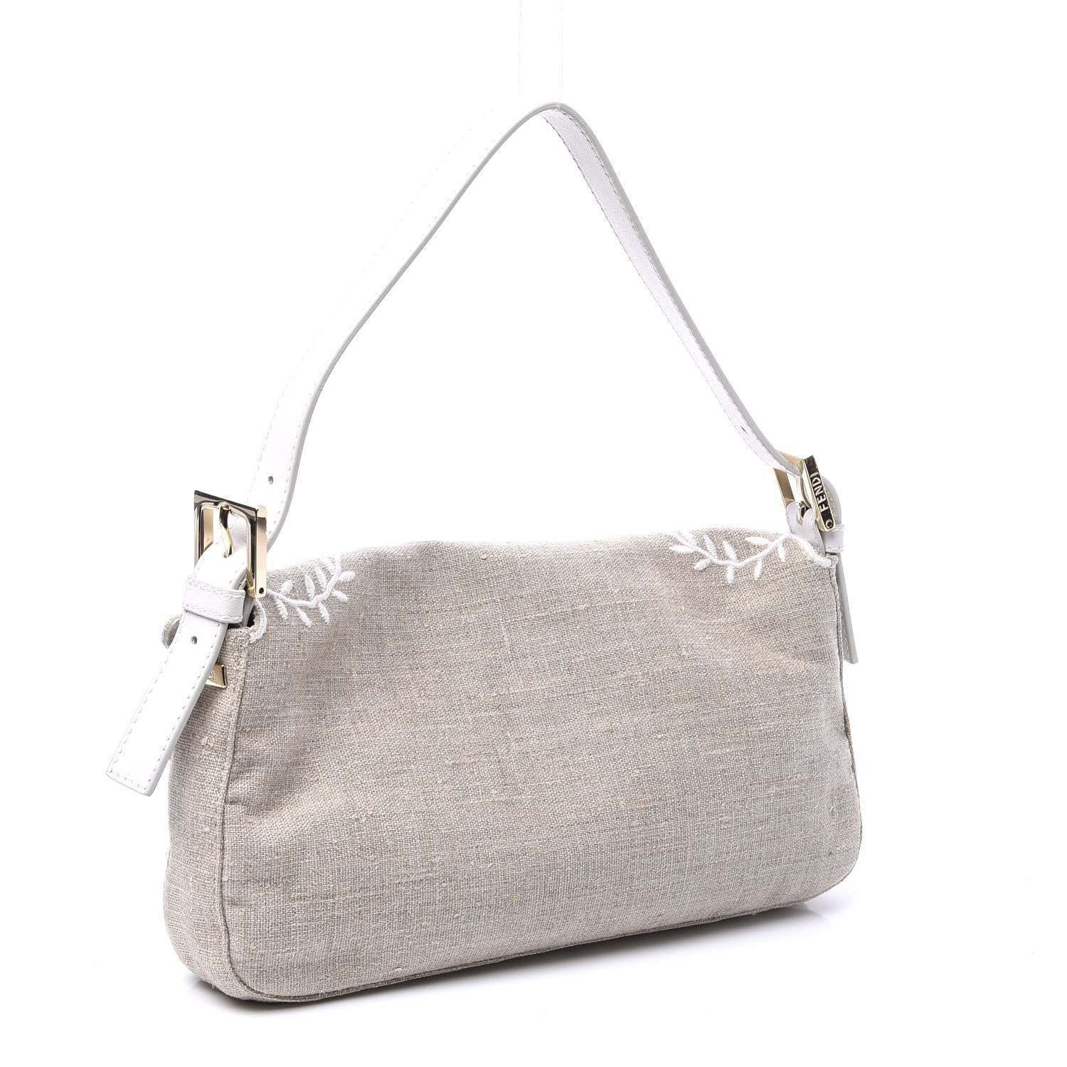 Fendi Linen Embroidered Baguette Beige White 2 of 11