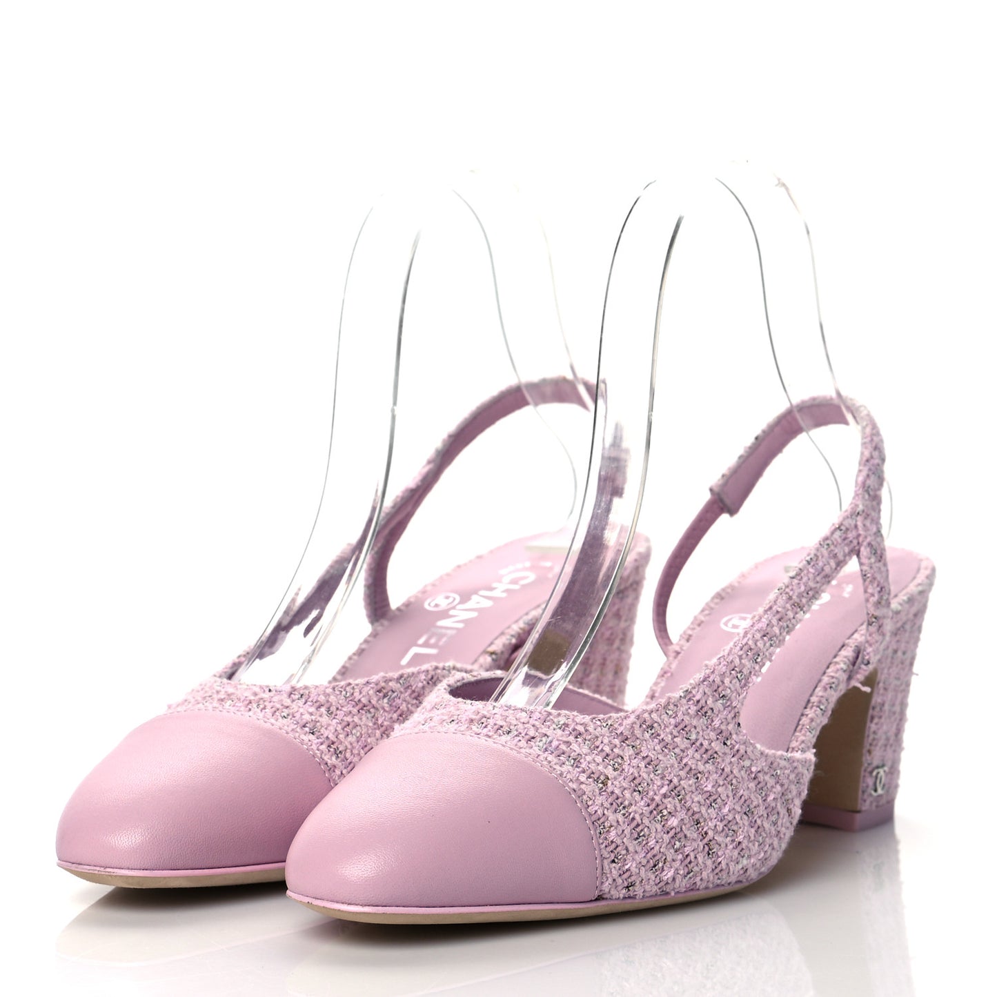 Tweed Lambskin Cap Toe CC Slingback Pumps 38 Pink