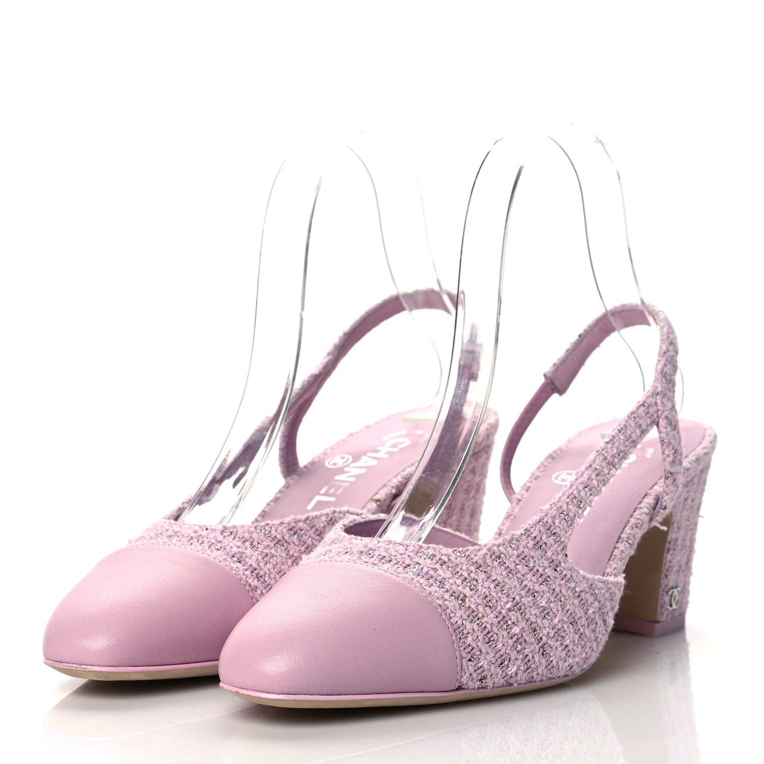 Chanel Tweed Lambskin Cap Toe CC Slingback Pumps 38 Pink 3 of 9