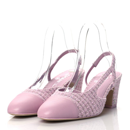 Chanel Tweed Lambskin Cap Toe CC Slingback Pumps 38 Pink 3 of 9
