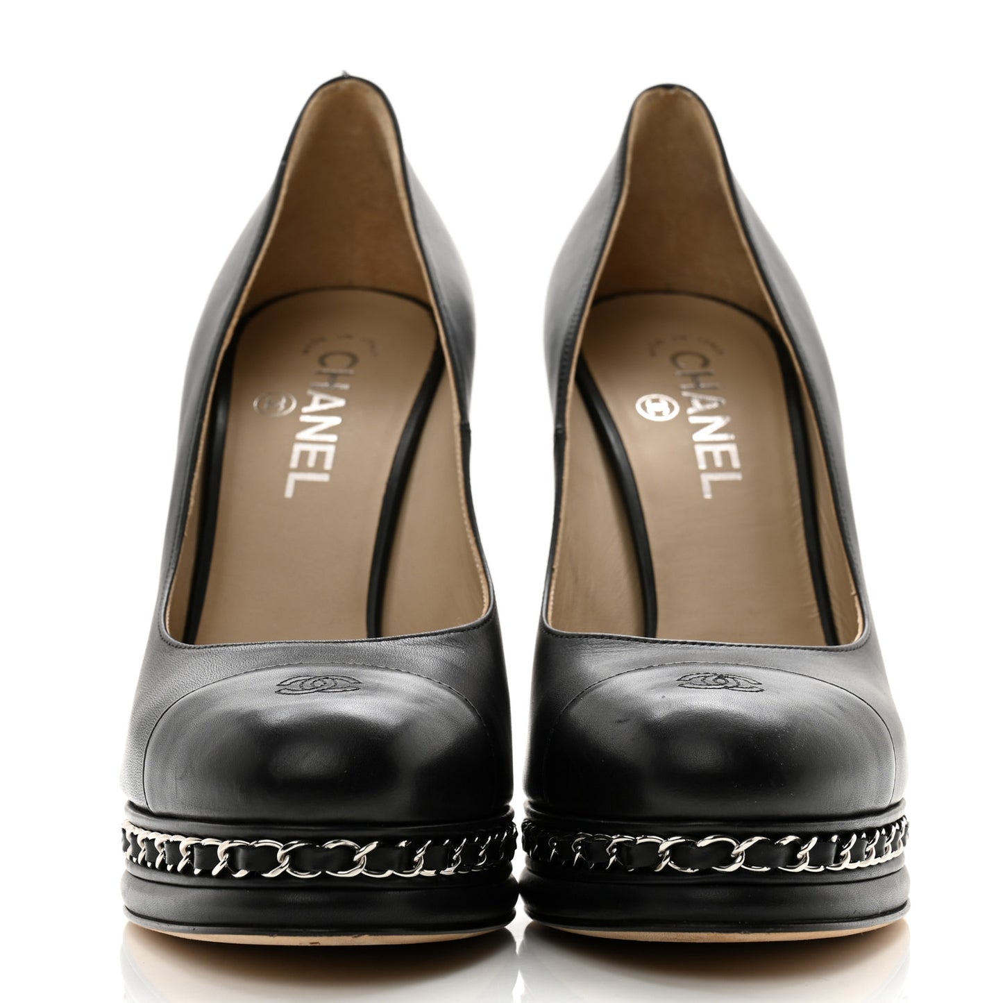 Calfskin CC Cap Toe Platform Chain Pumps 40 Black