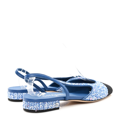 Chanel Tweed Grosgrain Cap Toe Slingback Flats 39 Blue White Black 5 of 9