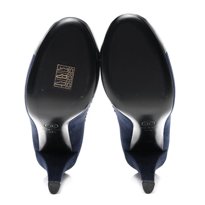 Chanel Suede Lambskin Cap Toe Whipstitch Pumps 37 Navy Black 5 of 8