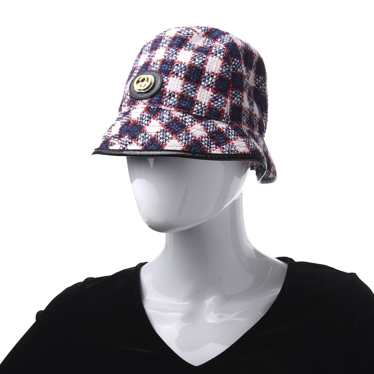 Gucci Vintage Tweed Check Bucket Hat M White Hibiscus Red Marine 2 of 7