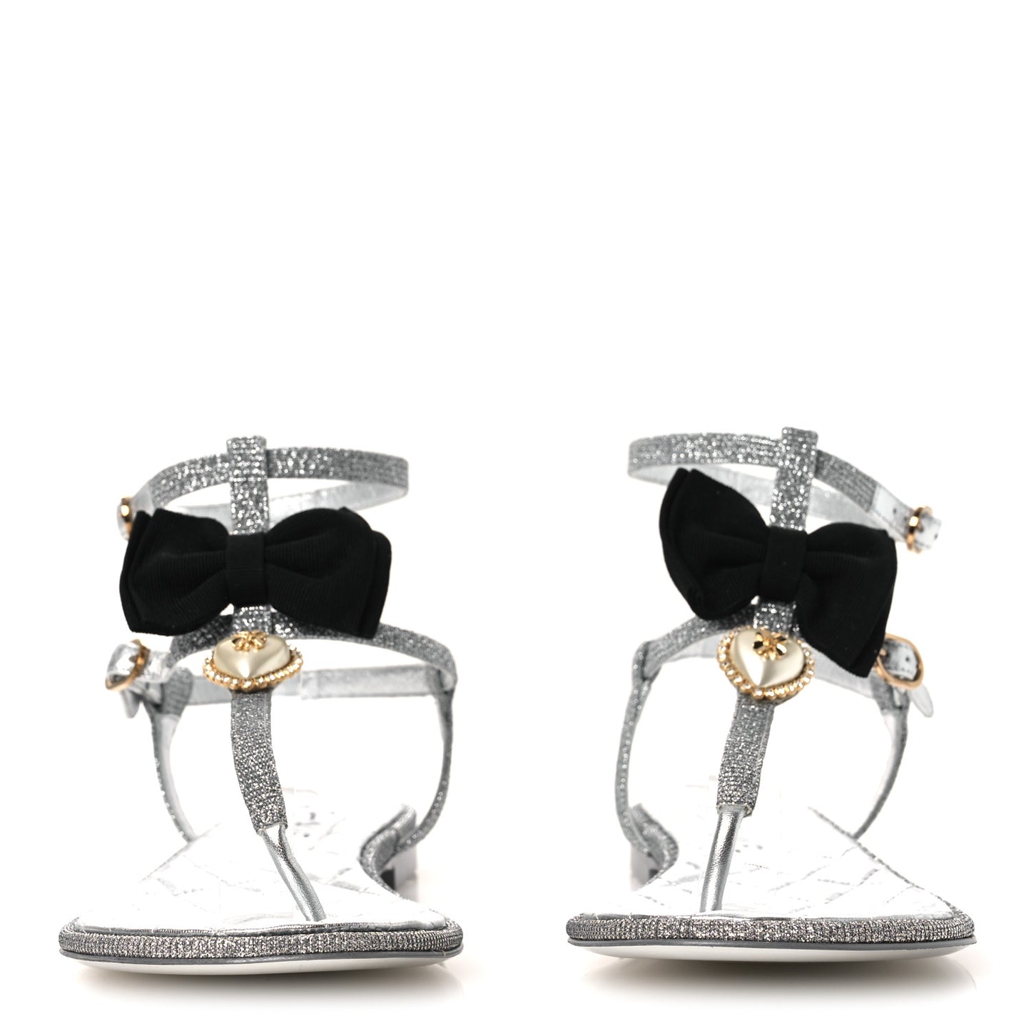 Fabric Grosgrain Pearl Crystal Thong Sandals 40 Silver Black