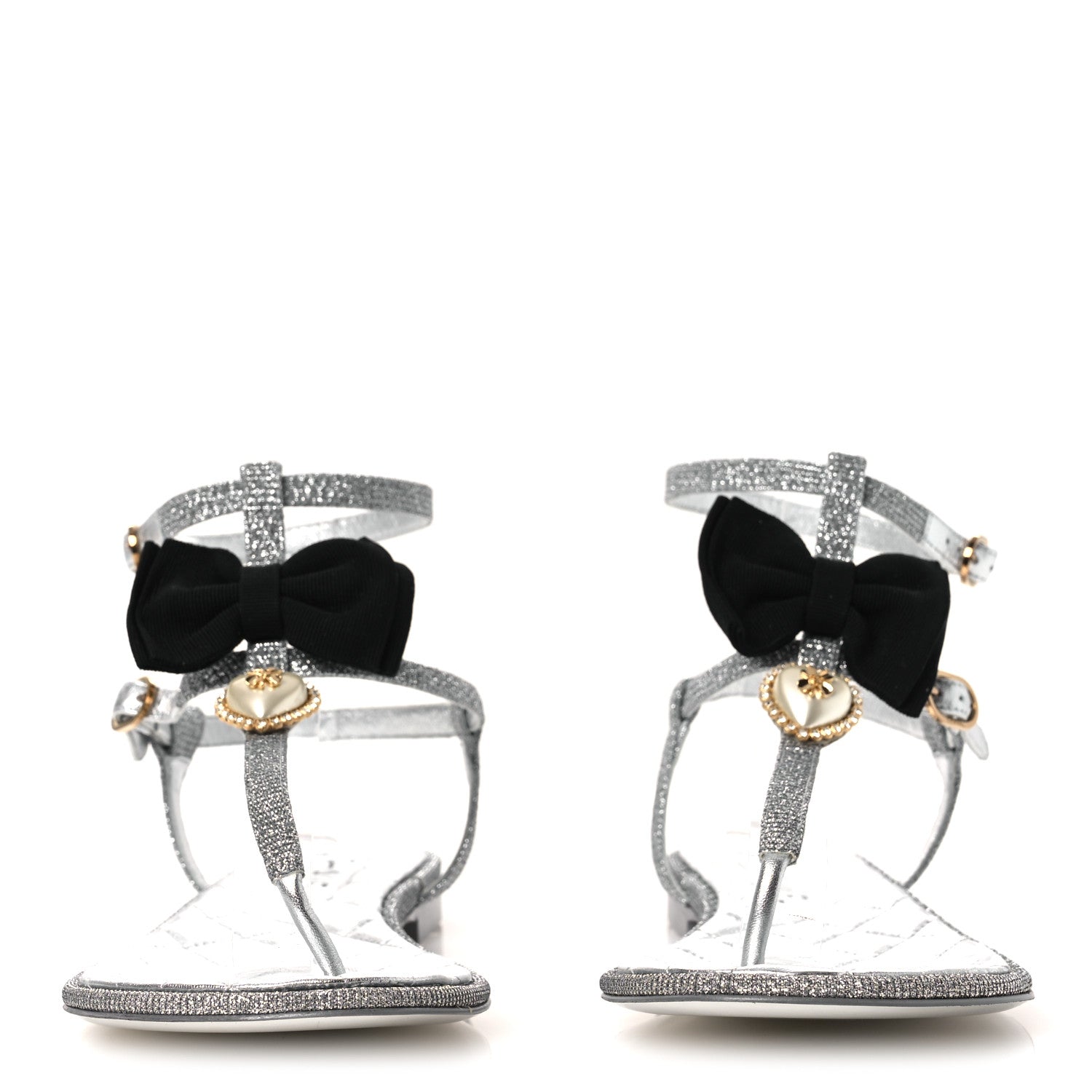 Chanel Fabric Grosgrain Pearl Crystal Thong Sandals 40 Silver Black 3 of 11