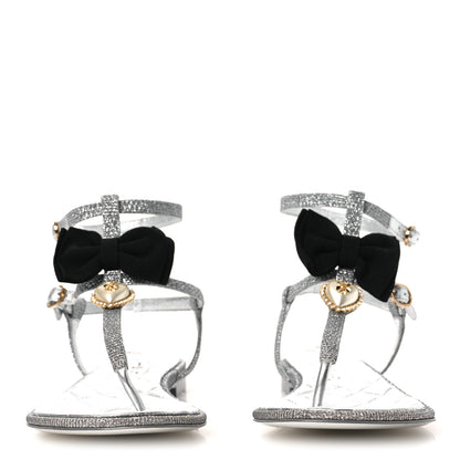 Chanel Fabric Grosgrain Pearl Crystal Thong Sandals 40 Silver Black 3 of 11