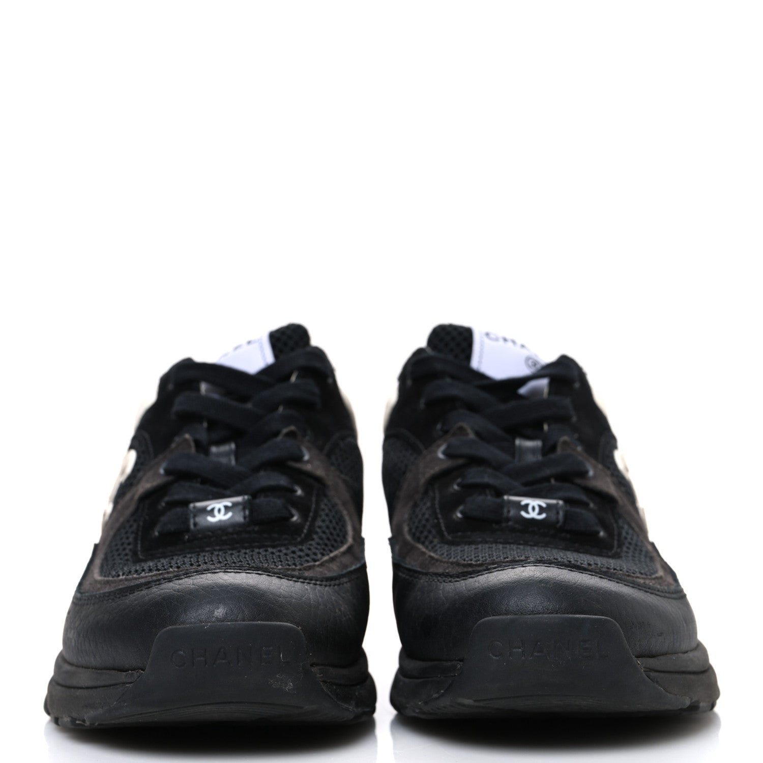 Chanel Mesh Suede Grained Calfskin Womens CC Sneakers 37.5 Black White 3 of 10