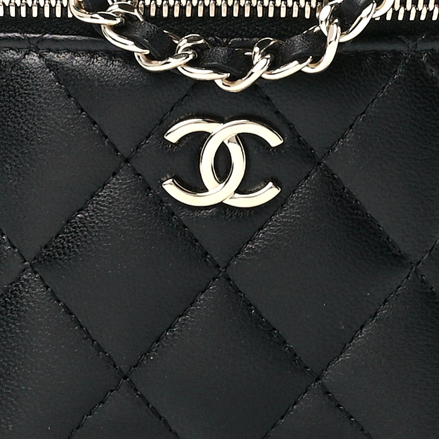 Lambskin Quilted Top Handle Mini Vanity Case With Chain Black