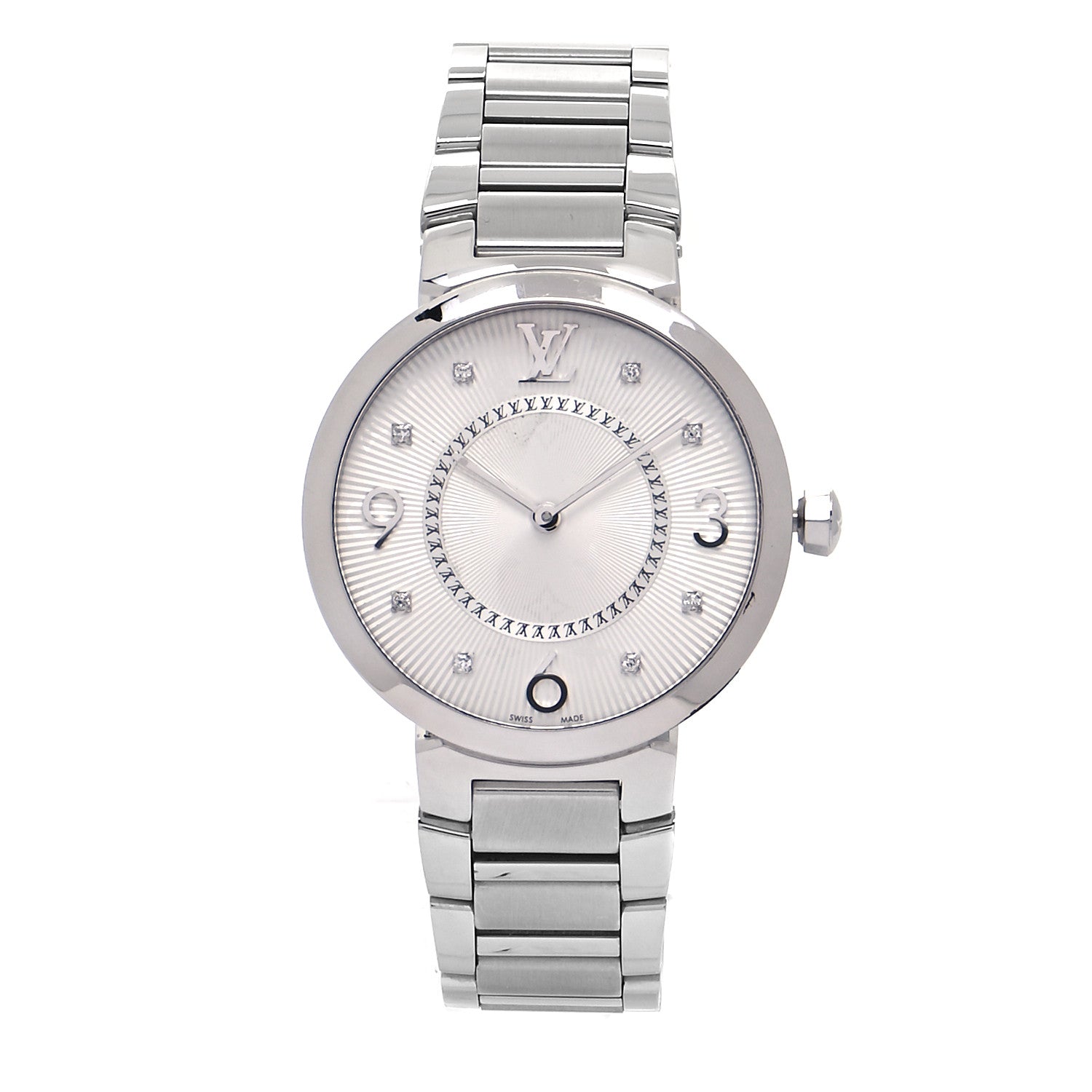 Louis Vuitton Stainless Steel Diamond 33mm Tambour Slim Quartz Watch 1 of 6