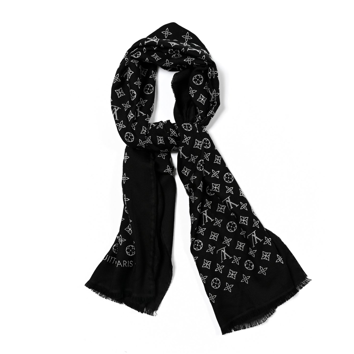 Wool Silk Allover Monogram Micro Stud More Monogram Shawl Black Silver