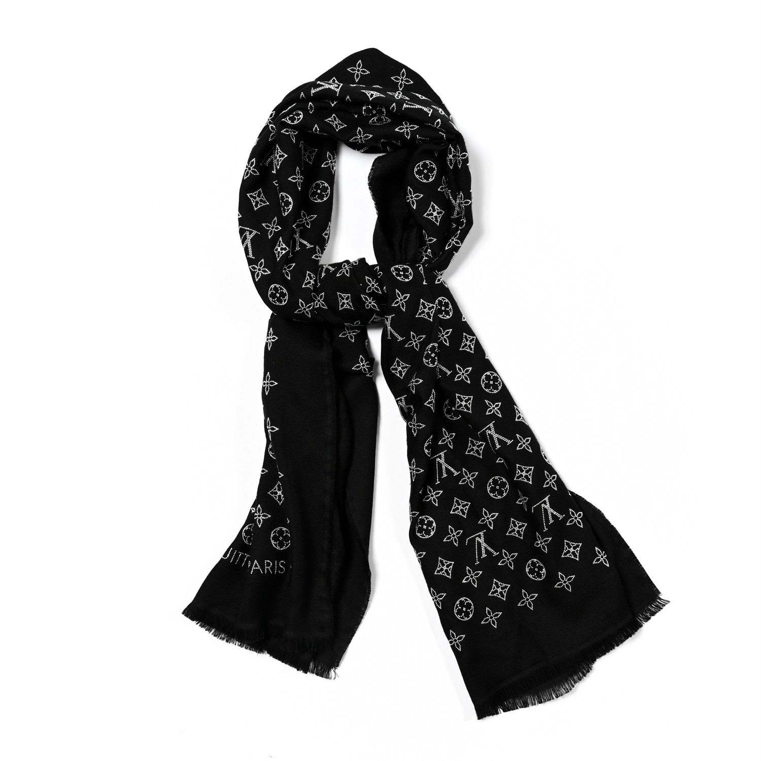 Louis Vuitton Wool Silk Allover Monogram Micro Stud More Monogram Shawl Black Silver 1 of 4
