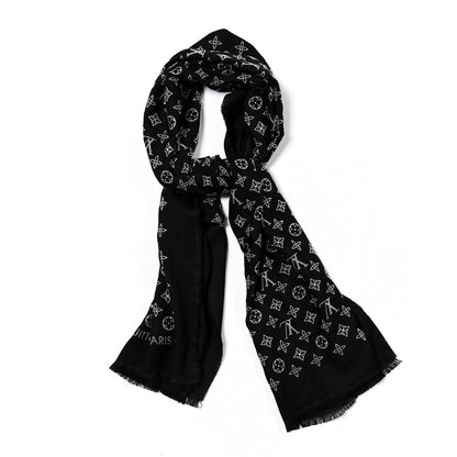 Louis Vuitton Wool Silk Allover Monogram Micro Stud More Monogram Shawl Black Silver 1 of 4
