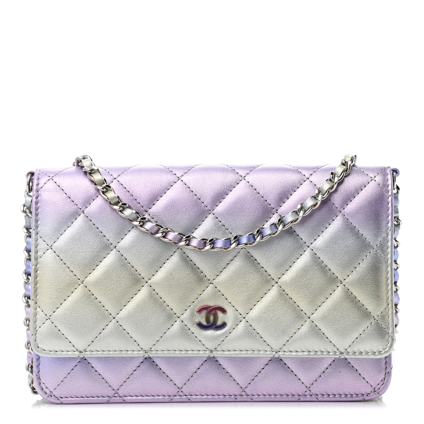 Gradient Metallic Calfskin Quilted Wallet On Chain WOC Silver Blue Yellow Purple