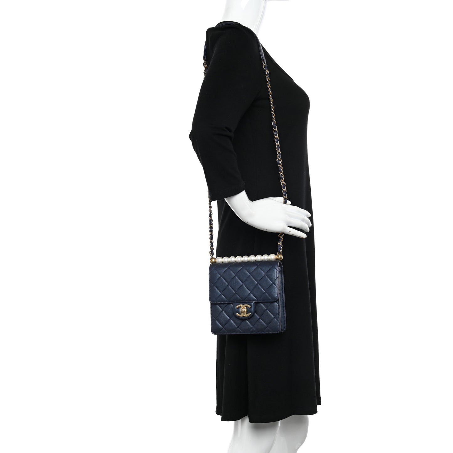 Iridescent Lambskin Quilted Chic Pearls Flap Navy Blue