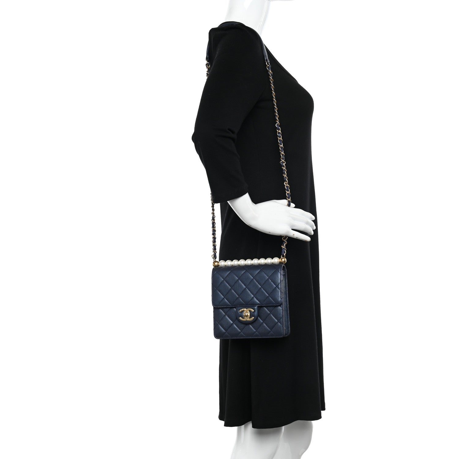 Chanel Iridescent Lambskin Quilted Chic Pearls Flap Navy Blue 2 of 10