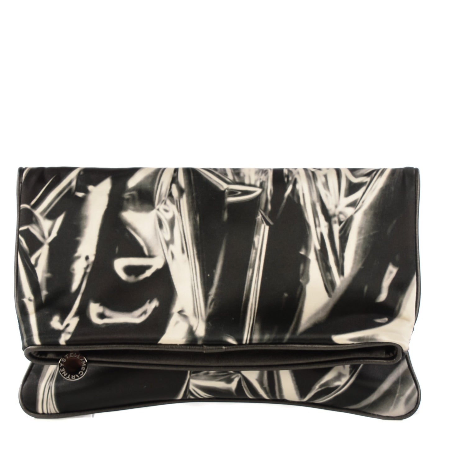 Satin Foil Print Fold Over Falabella Clutch Black