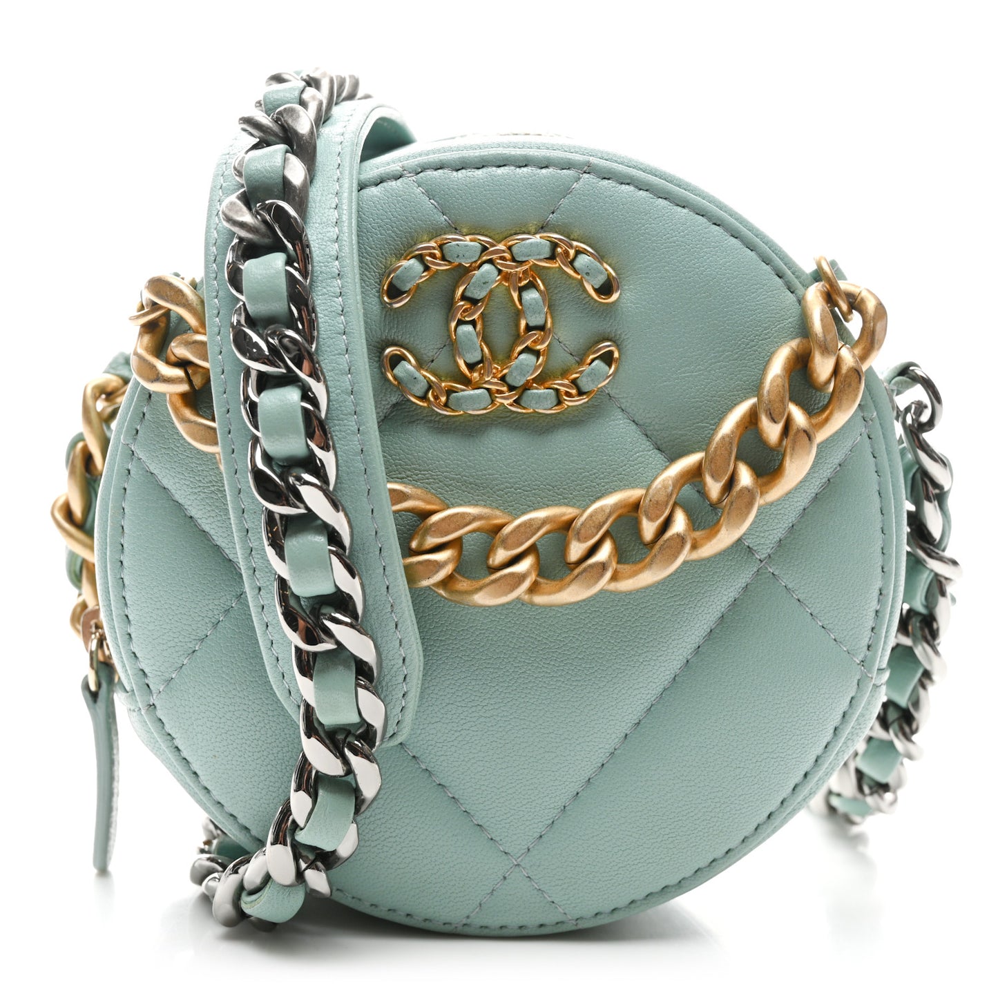 Goatskin Quilted Chanel 19 Round Clutch With Chain Light Blue
