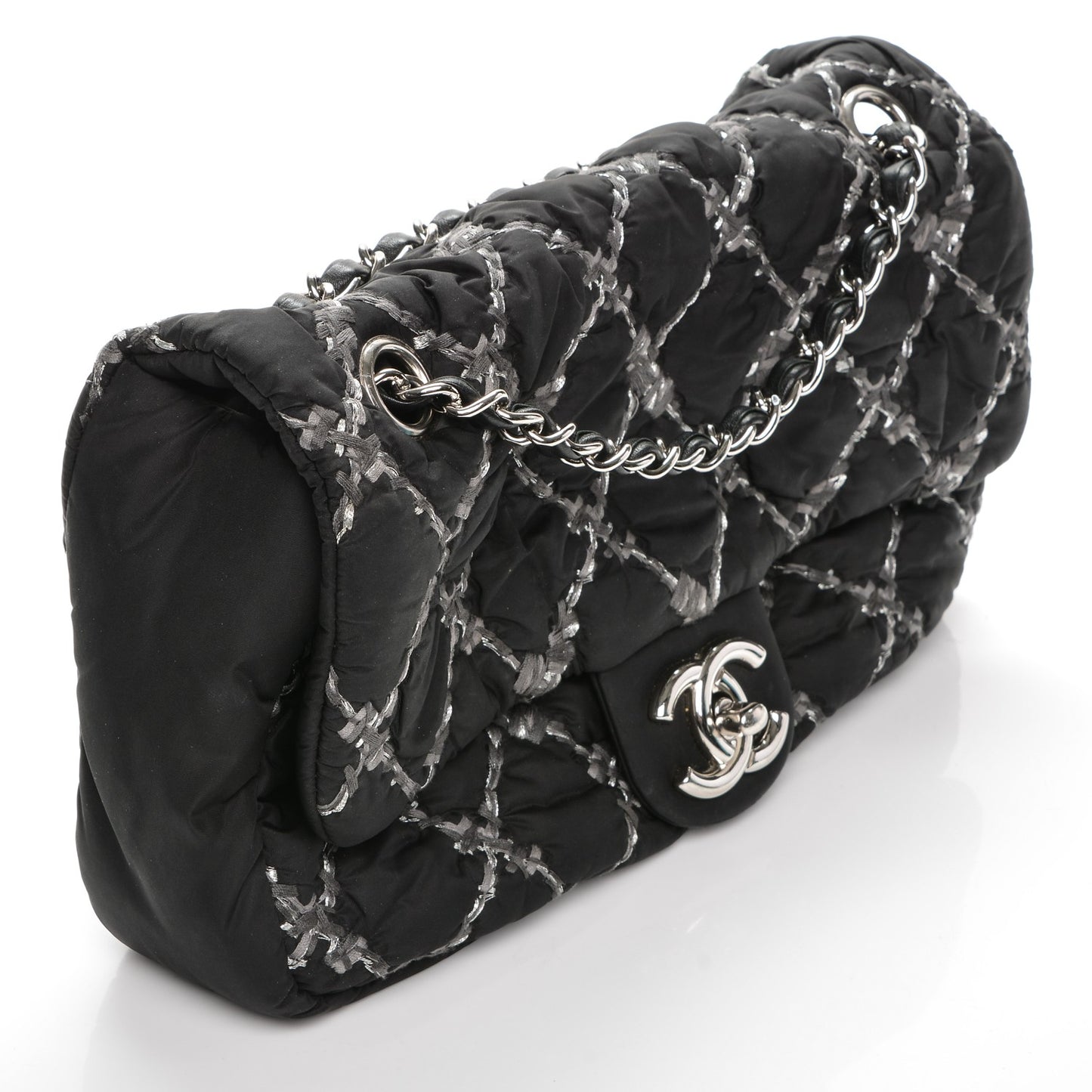 Nylon Quilted Tweed Stitch Medium Bubble Flap Black