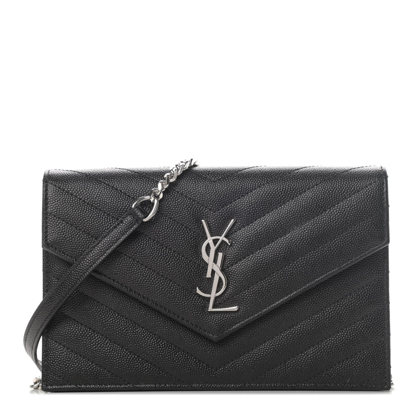 Grain De Poudre Matelasse Chevron Monogram Envelope Chain Wallet Black
