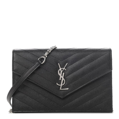 Saint Laurent Grain De Poudre Matelasse Chevron Monogram Envelope Chain Wallet Black 1 of 4