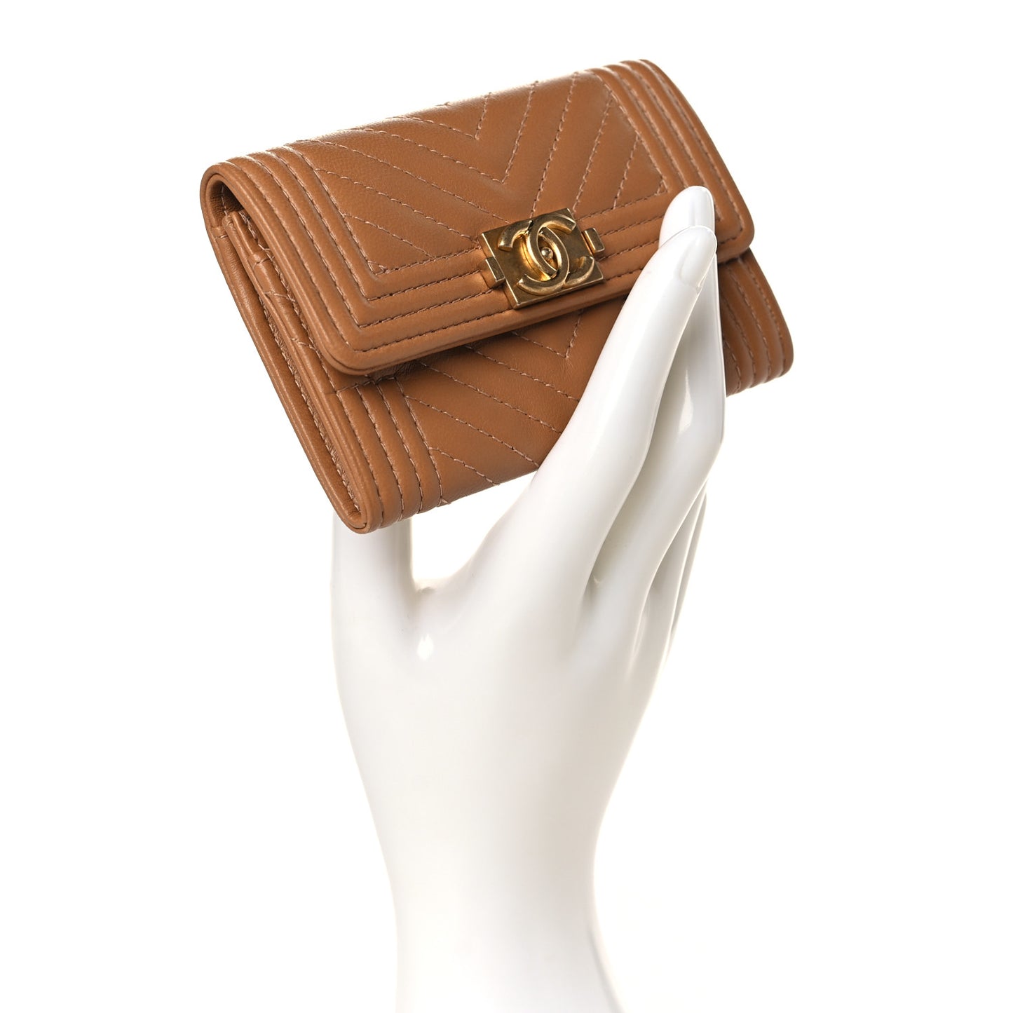 Lambskin Chevron Quilted Boy Card Holder Dark Beige
