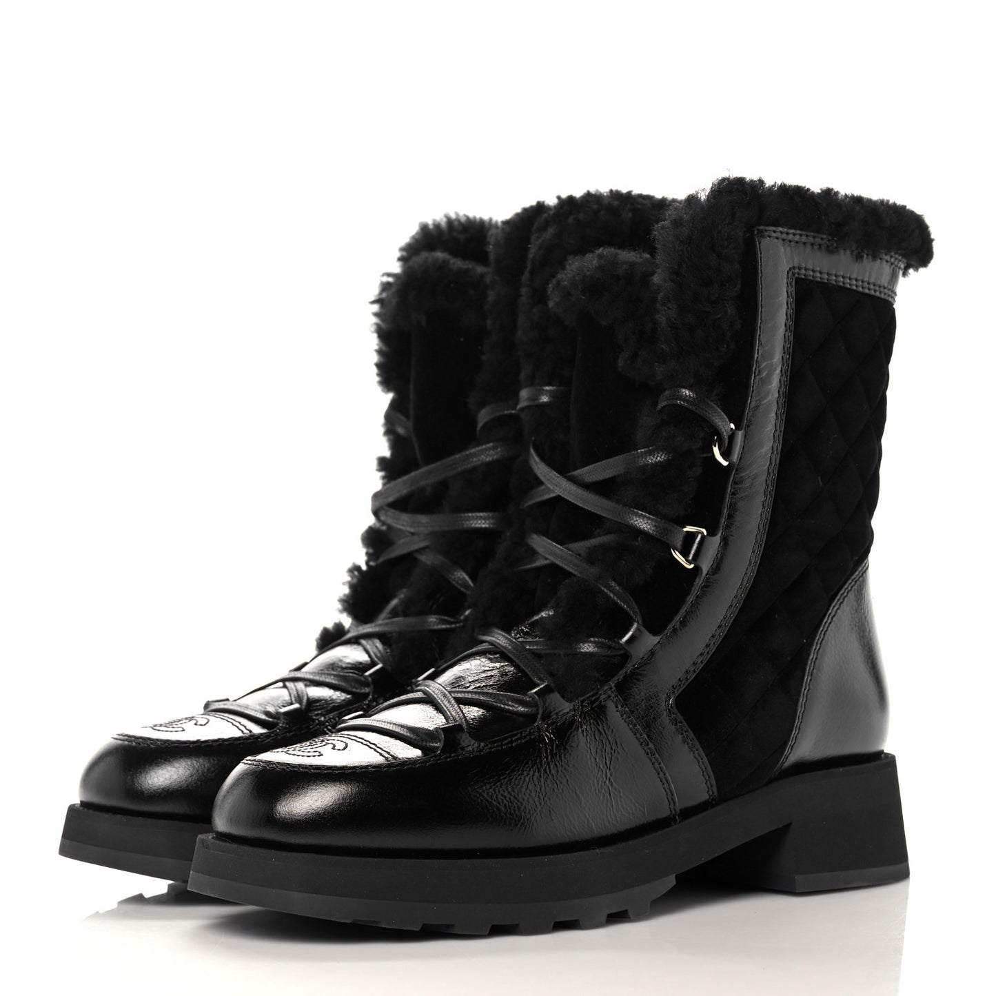 Shiny Crumpled Calfskin Shearling Lace Up Boots 39.5 Black