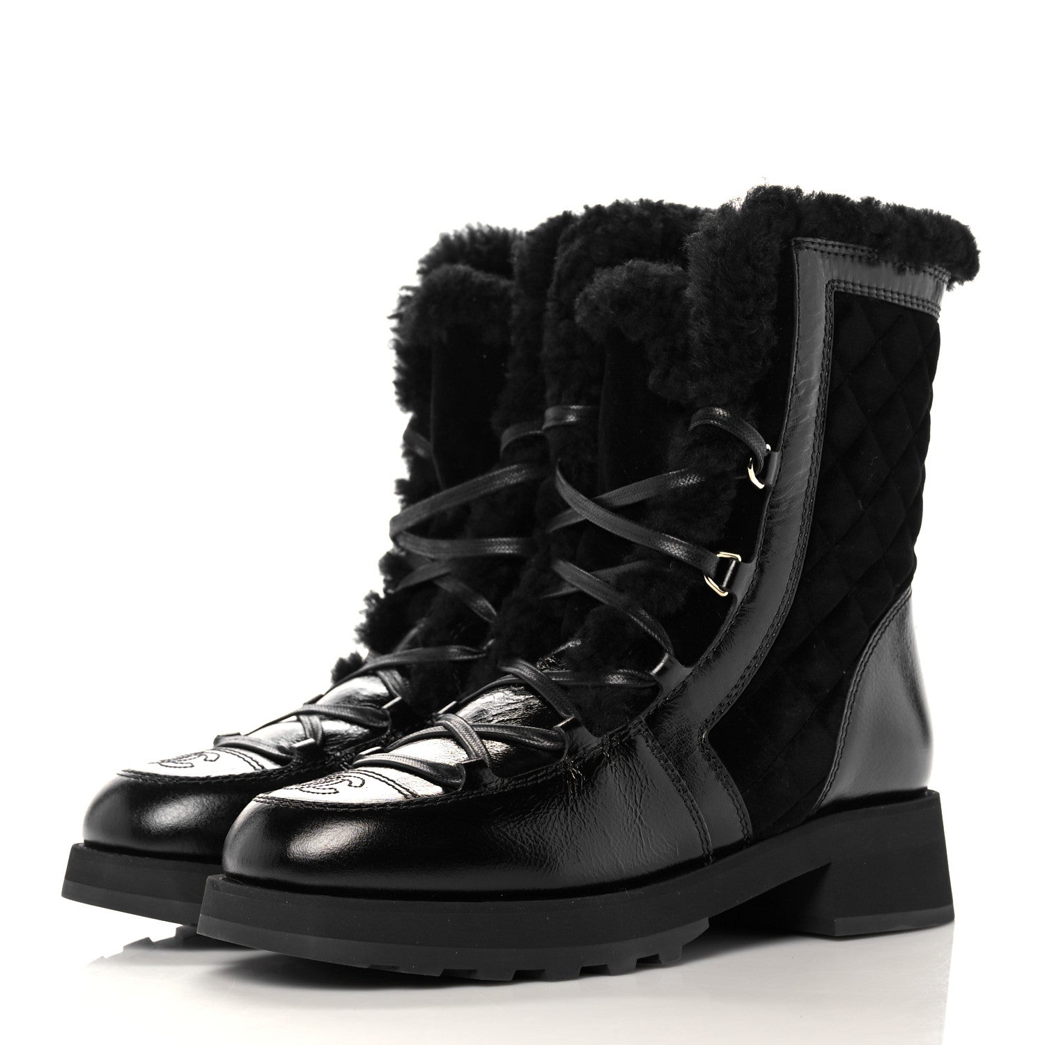 Chanel Shiny Crumpled Calfskin Shearling Lace Up Boots 39.5 Black 3 of 8