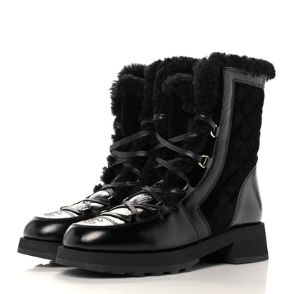 Chanel Shiny Crumpled Calfskin Shearling Lace Up Boots 39.5 Black 3 of 8