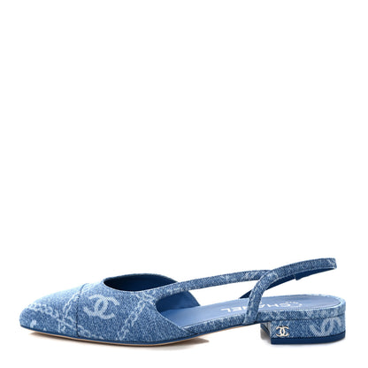 Chanel Denim Printed Denim Mood Cap Toe CC Slingback Flats 39.5 Light Blue Multicolor 1 of 9