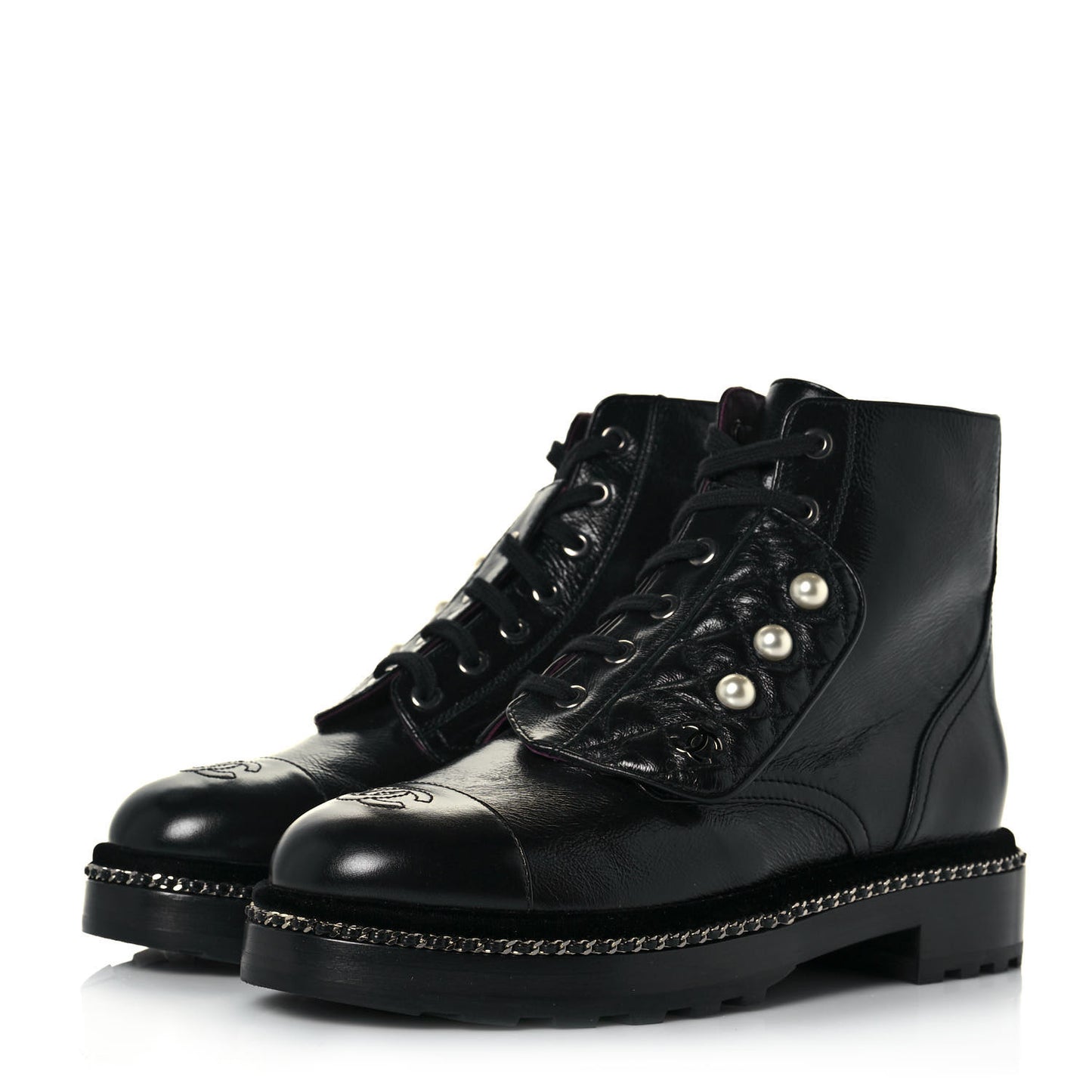 Crackled Calfskin Velvet Pearl Combat Short Boots 39 Black