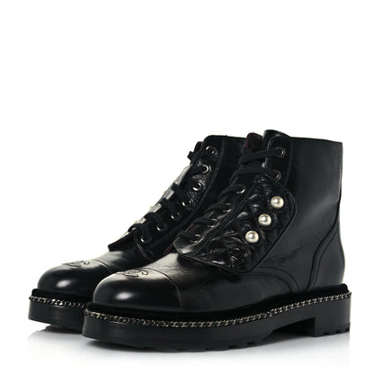Chanel Crackled Calfskin Velvet Pearl Combat Short Boots 39 Black 3 of 6