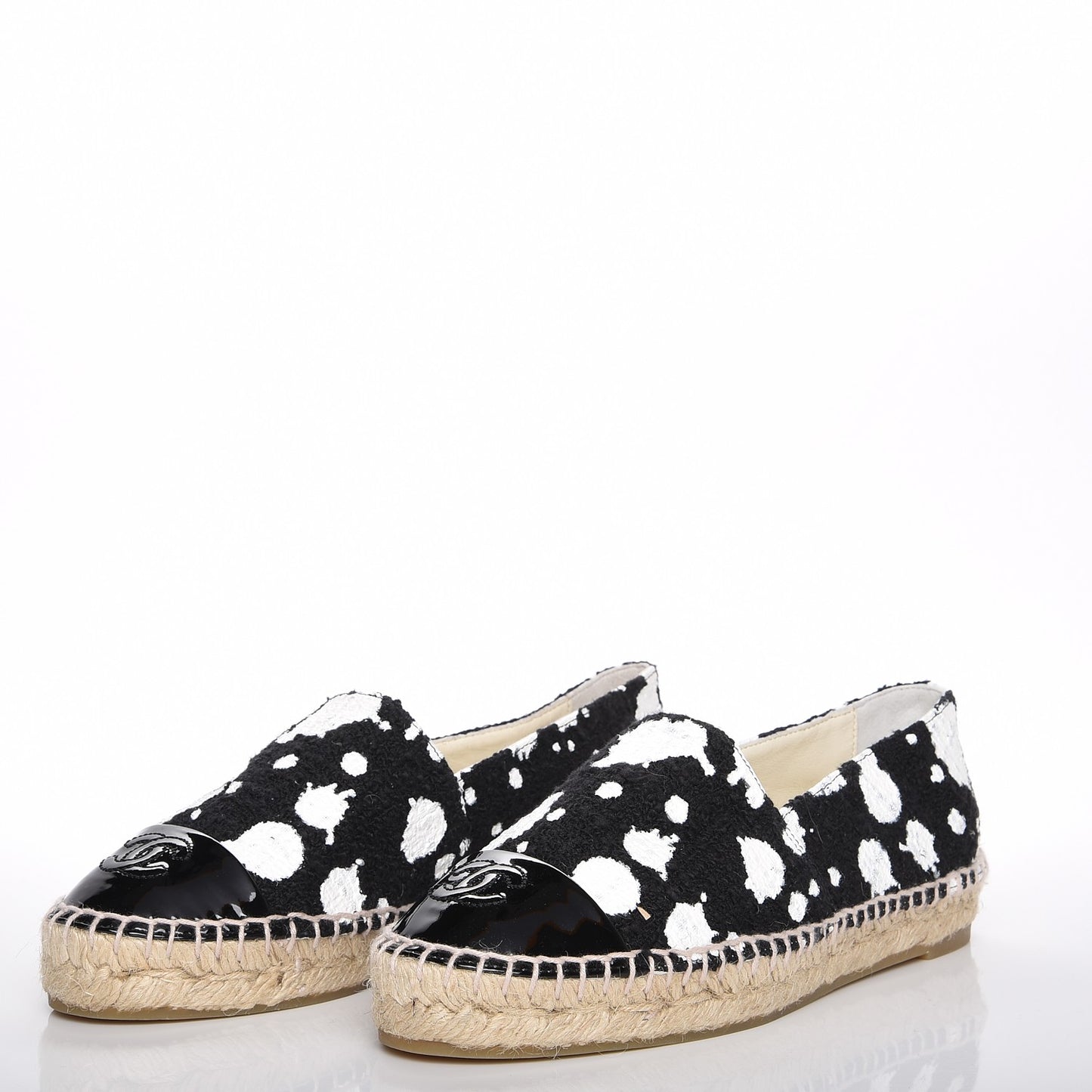 Printed Tweed Patent Calfskin CC Espadrilles 36 Black White