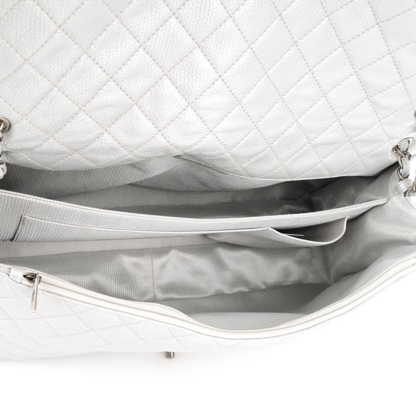 Calfskin Quilted XXL Travel Flap Bag Silver