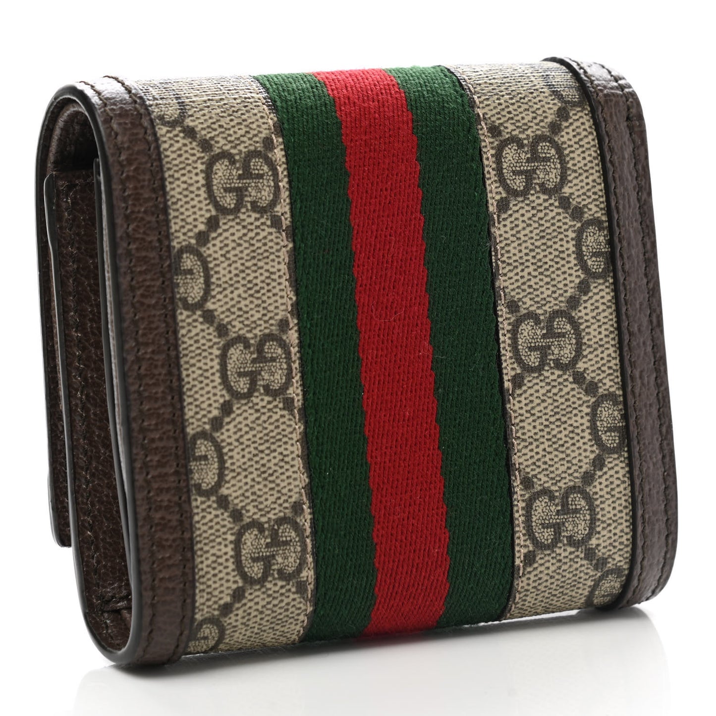 GG Supreme Monogram Textured Calfskin Web Ophidia Card Case Wallet Beige Ebony New Acero
