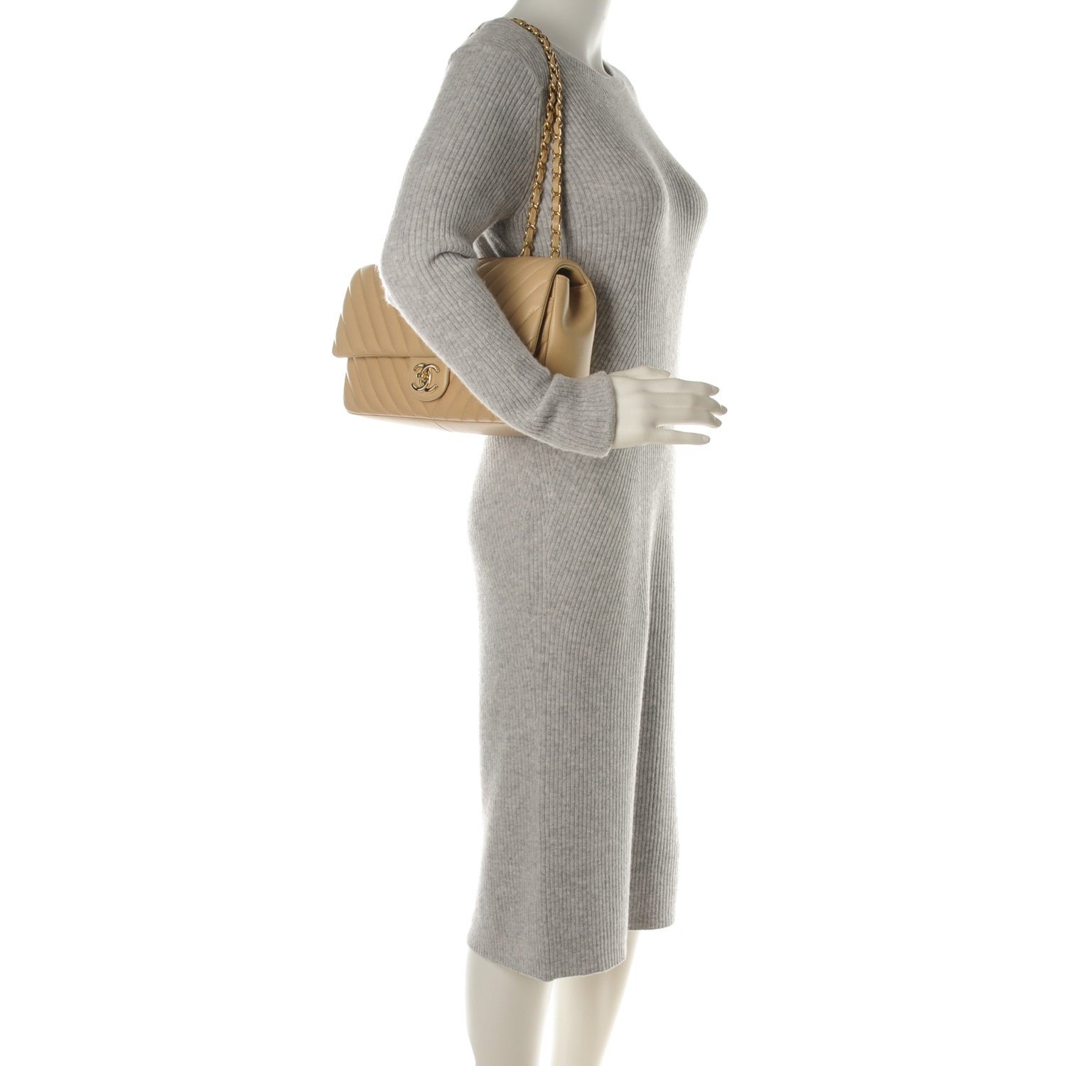 Chanel Lambskin Medium Surpique Chevron Single Flap Light Beige 2 of 8