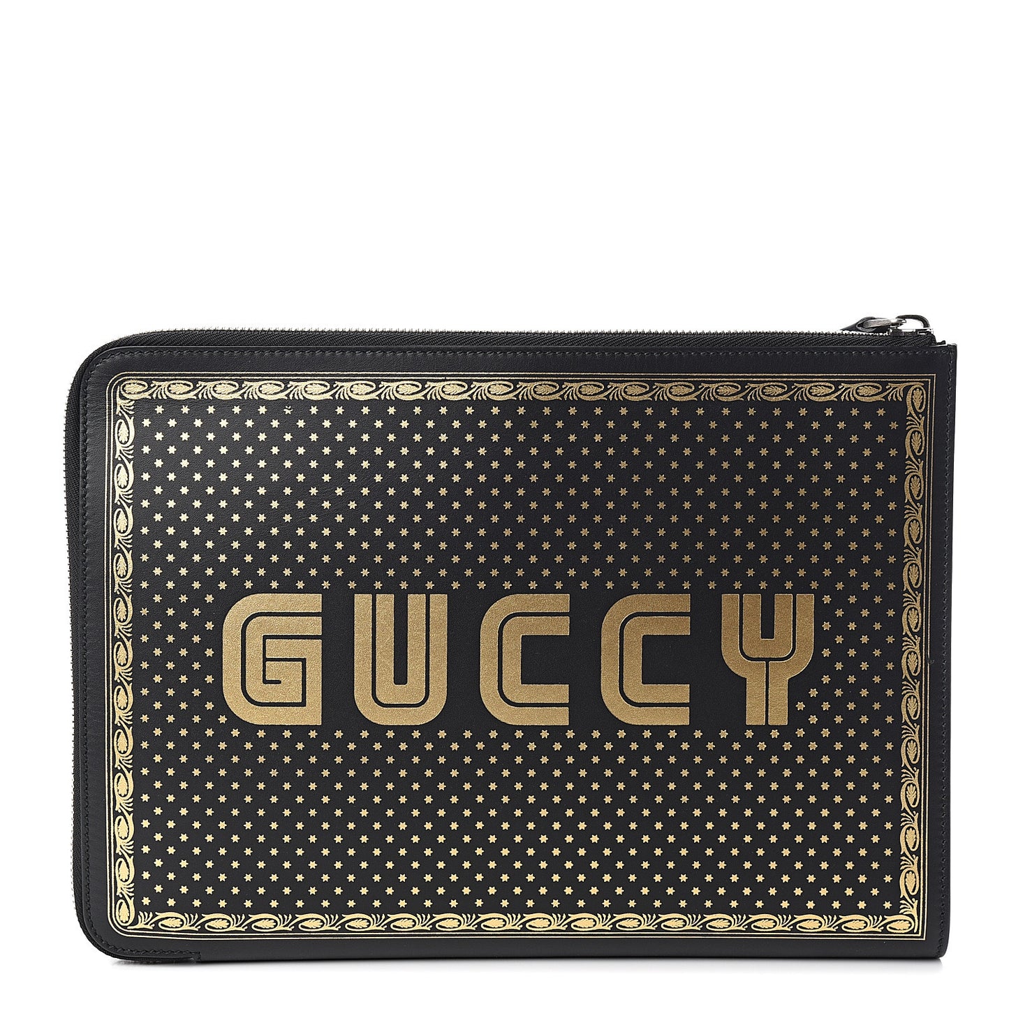 X SEGA Calfskin GUCCY Stars Zip Clutch Bag Black Gold