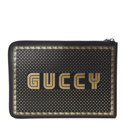 Gucci X SEGA Calfskin GUCCY Stars Zip Clutch Bag Black Gold 1 of 7