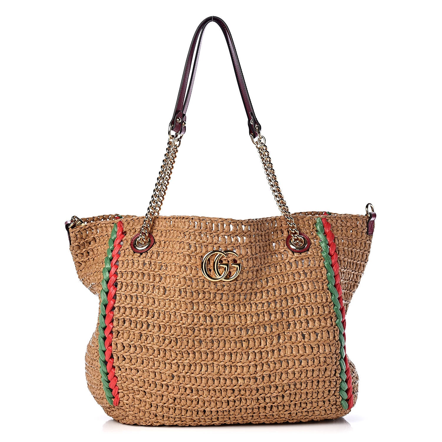 Gucci Raffia Effect Large GG Marmont Shoulder Tote Bag Natural Red Green 4 of 10