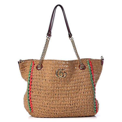 Gucci Raffia Effect Large GG Marmont Shoulder Tote Bag Natural Red Green 4 of 10